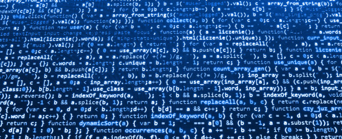 Program source code on blue monitor screen