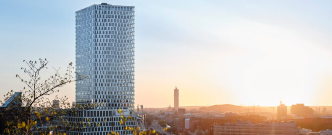 Building in a city at sunset